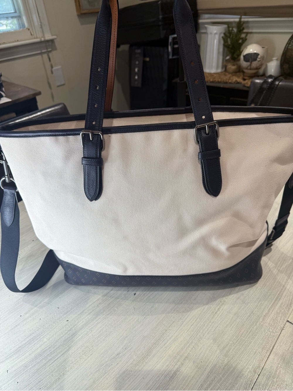 Coach Mercer Canvas Duffel/Tote in Chalk and Navy with Brown Accents- NWOT - Picture 8 of 14